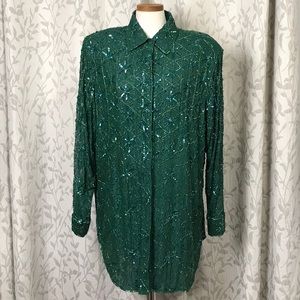 Vintage Judith Ann Plus Button-Front Beaded Top. Green. Size 2X